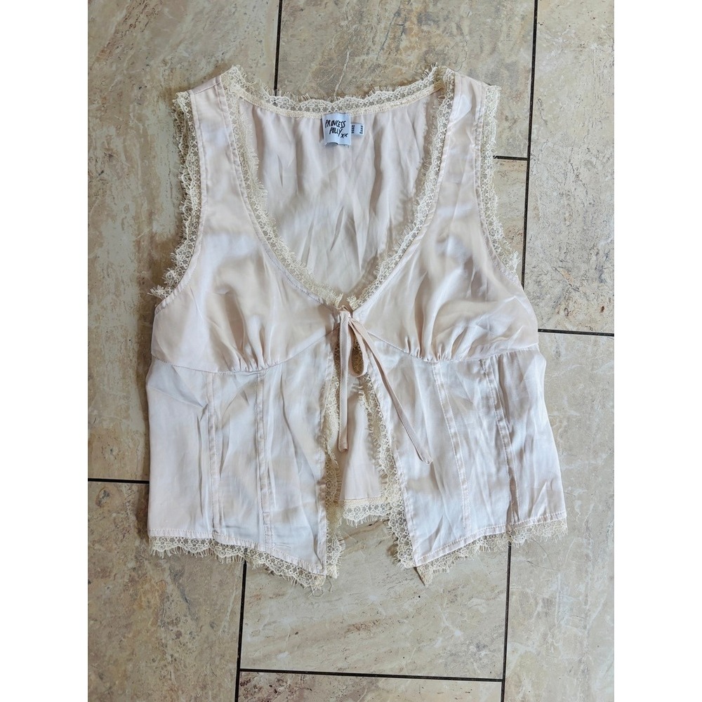 Princess Polly Lace Trim Tie Front Corset Style Top Cream Sleeveless Size 12